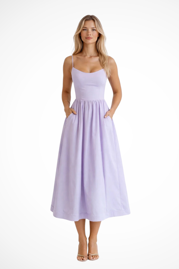 Robe Midi Femme à Bretelles Fines et Jupe Évasée