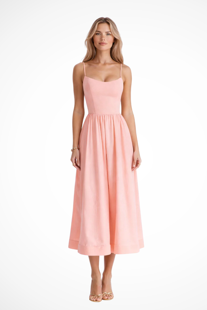 Robe Midi Femme à Bretelles Fines et Jupe Évasée