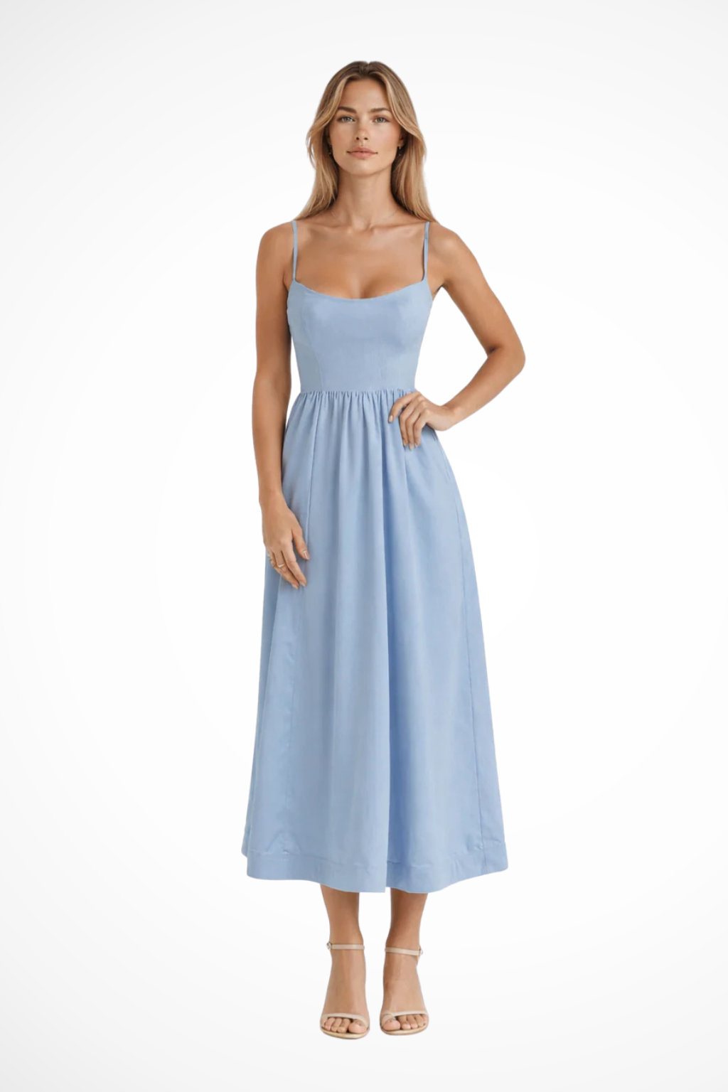 Robe Midi Femme à Bretelles Fines et Jupe Évasée