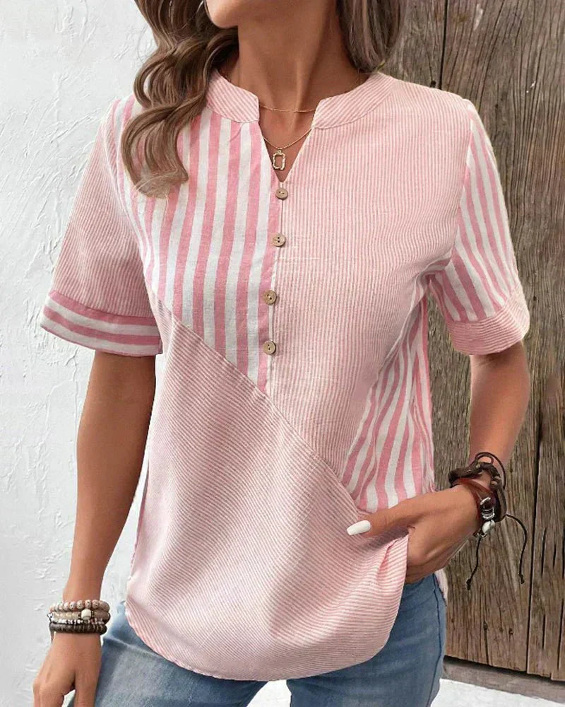 Casual Women's Blouse with Patchwork Striped Collar