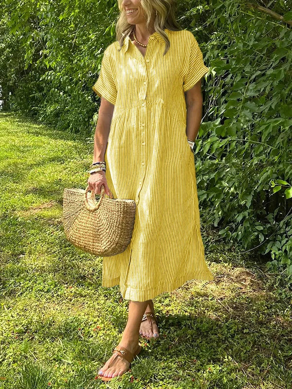Robe Midi Chemise Rayée à Coupe Fluide et Élégance Décontractée
