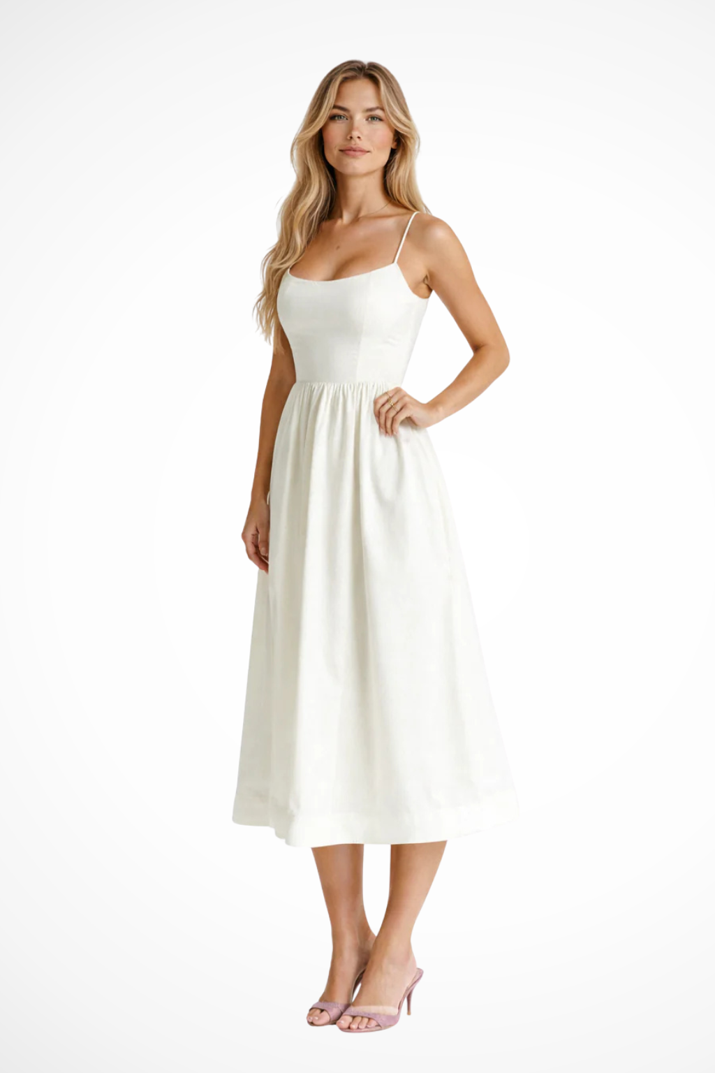Robe Midi Femme à Bretelles Fines et Jupe Évasée