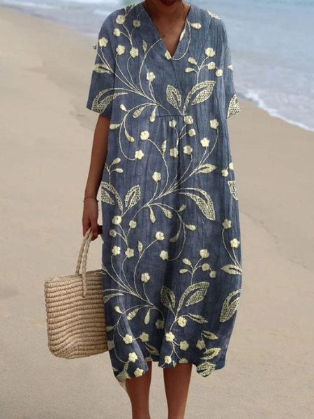 Women's Floral Print V-Neck Summer Midi Dress