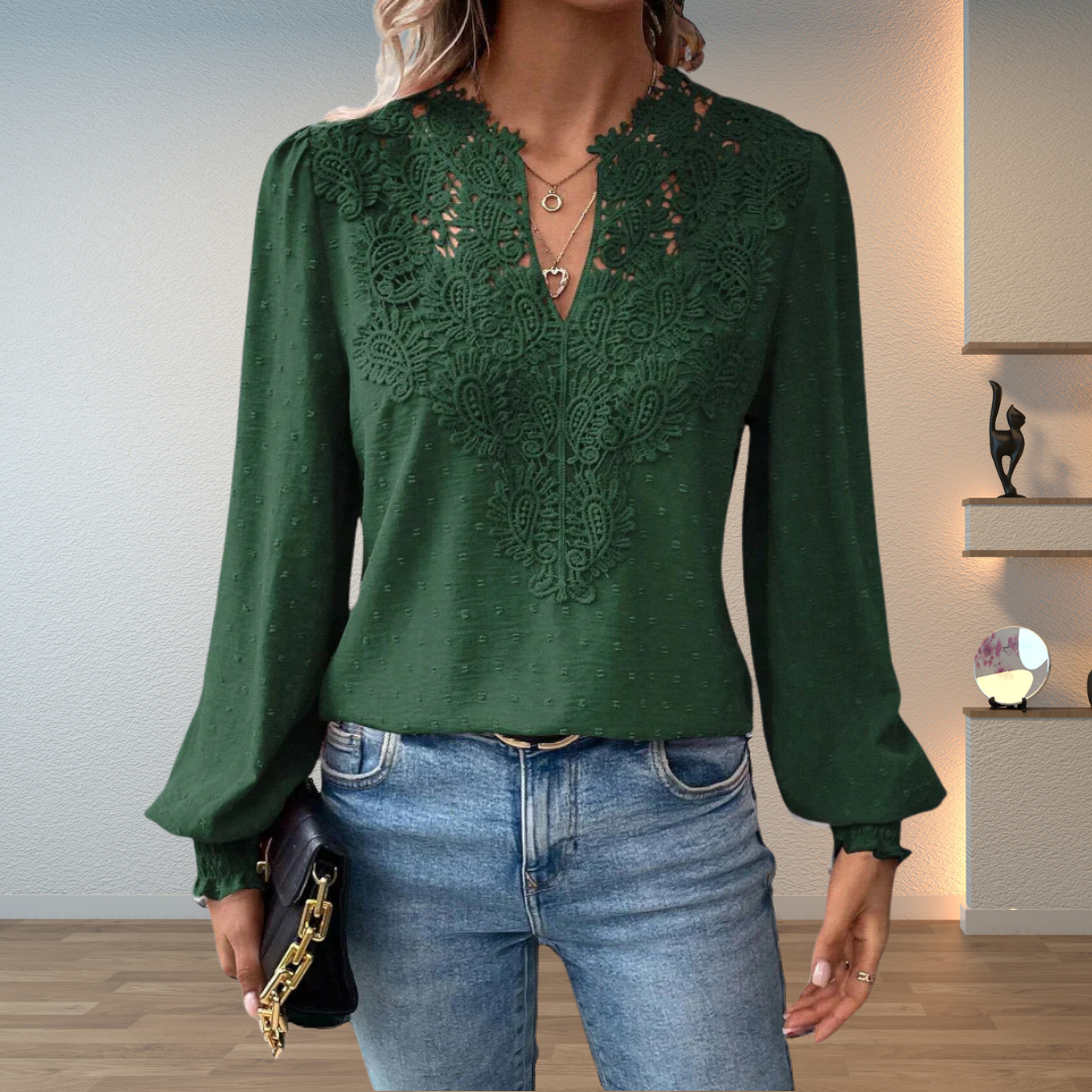 Blouse Femme Col V Brodé à Manches Longues Fluides