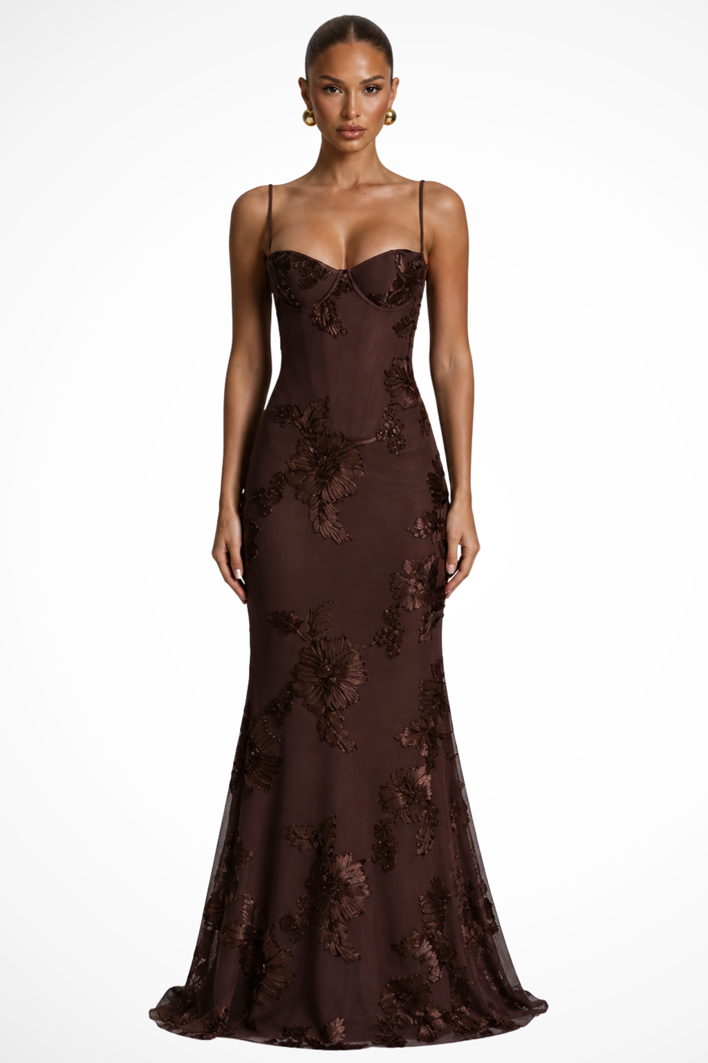 Robe Longue Femme Sirène à Bretelles Fines et Broderies Florales