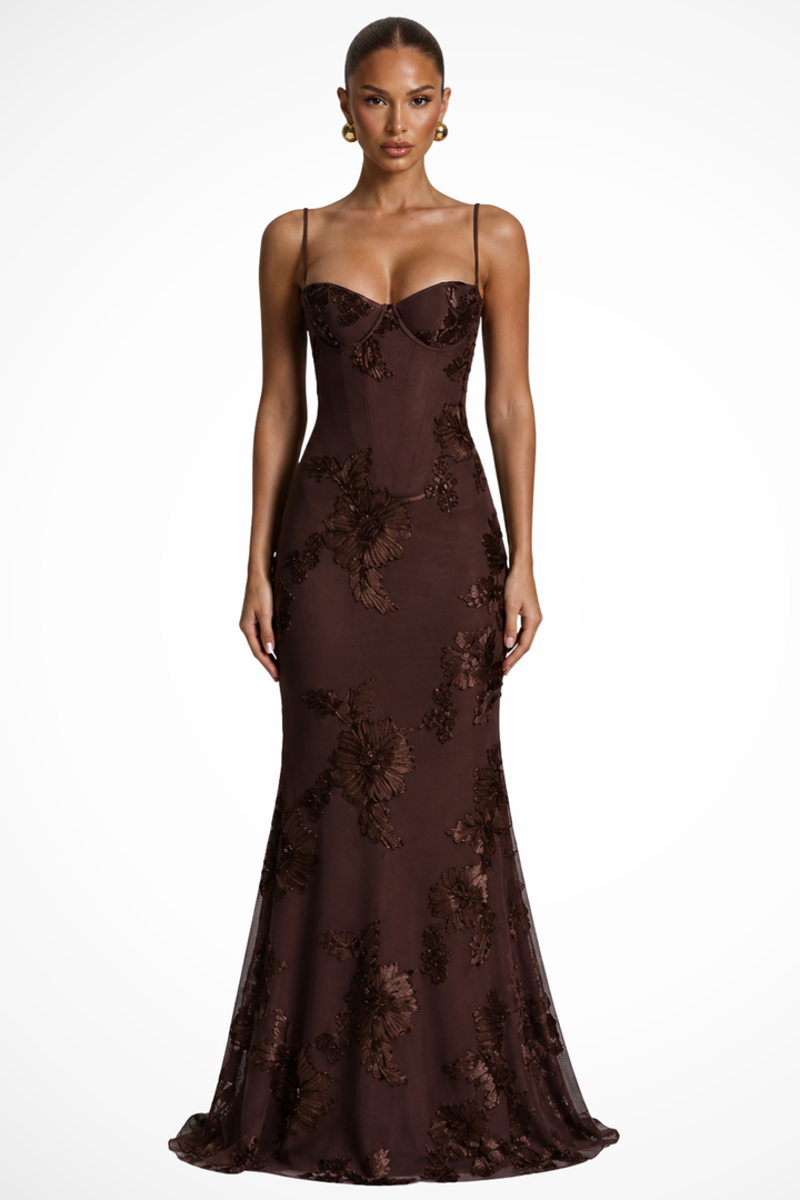 Robe Longue Femme Sirène à Bretelles Fines et Broderies Florales