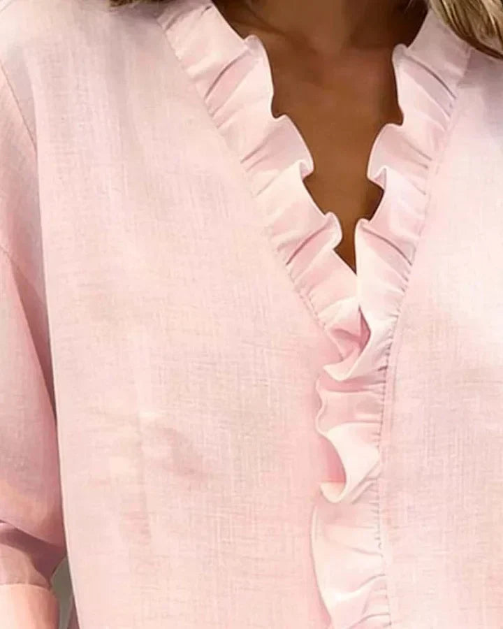 Blouse femme col V volants manches longues