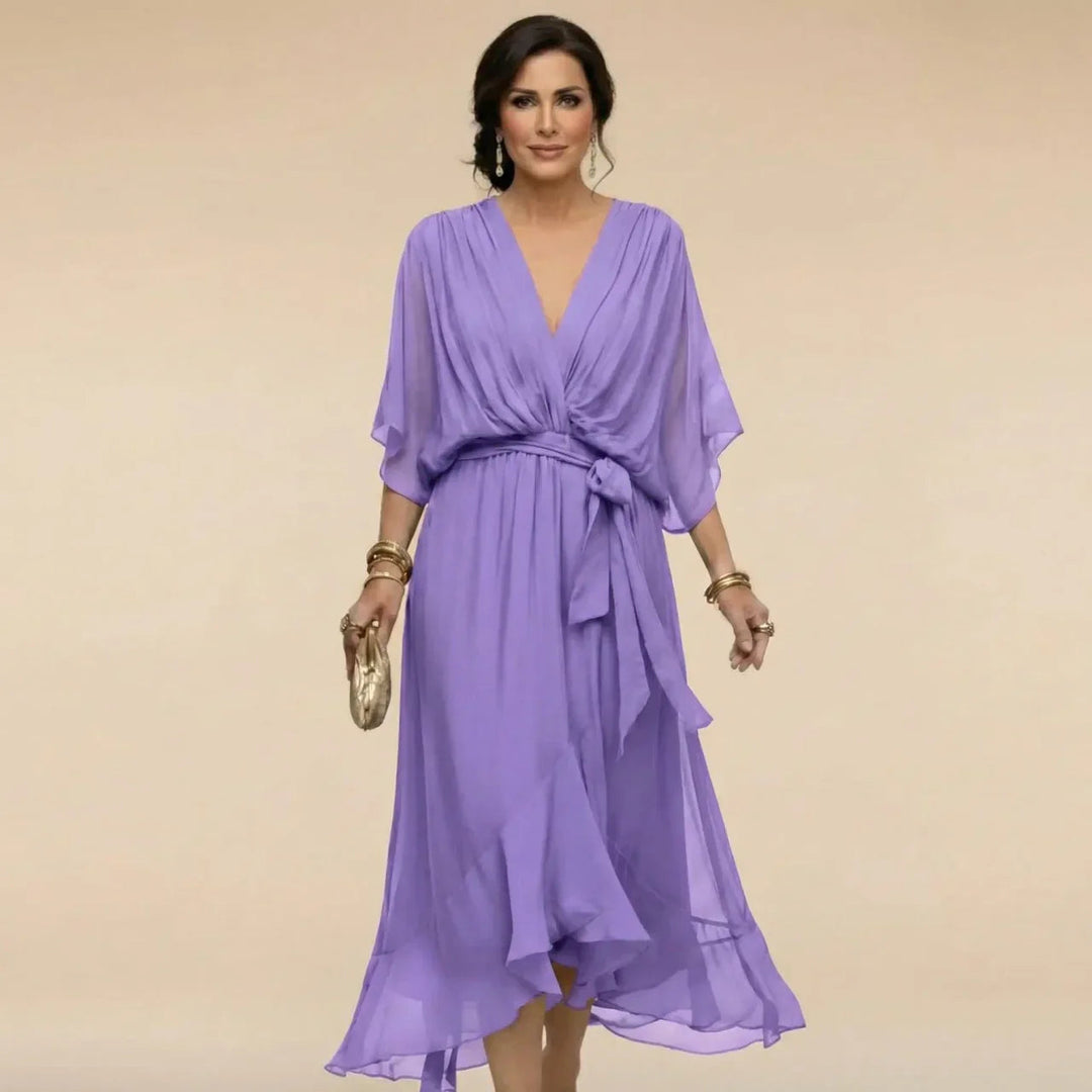 Women's midi chiffon dress with V-neck and belt