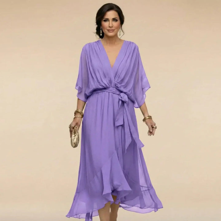 Women's midi chiffon dress with V-neck and belt