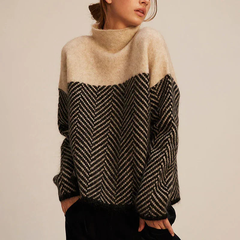 Maglione da donna a collo alto con motivo a contrasto
