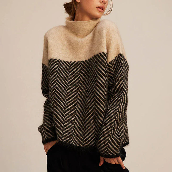 Maglione da donna a collo alto con motivo a contrasto
