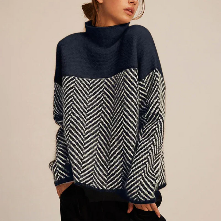 Maglione da donna a collo alto con motivo a contrasto