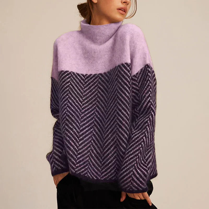 Maglione da donna a collo alto con motivo a contrasto
