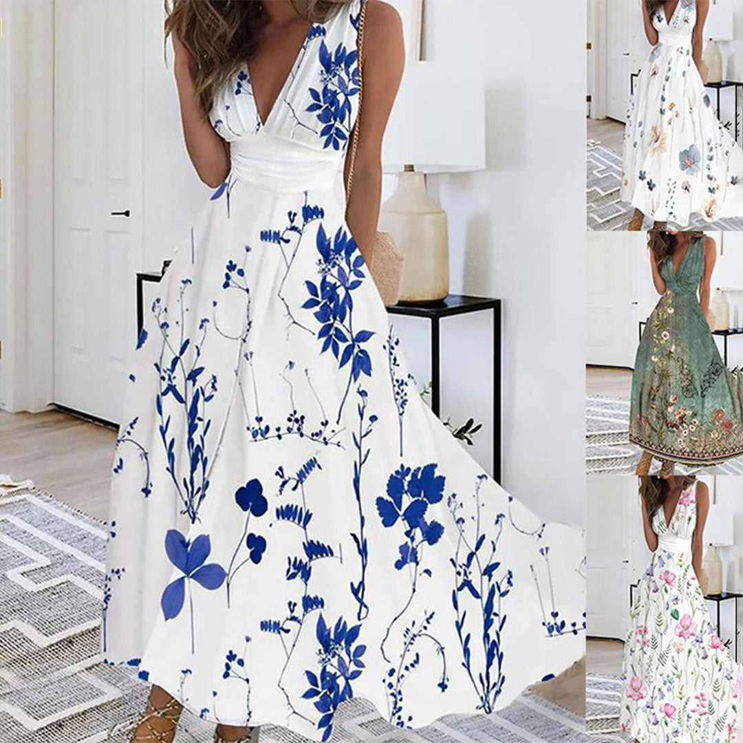 Robe Maxi Fleurie Évasée à Décolleté Croisé Élégant