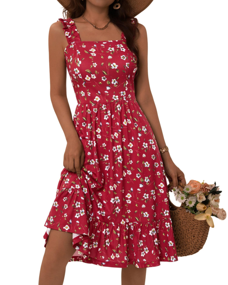 Abito midi estivo da donna con scollo quadrato