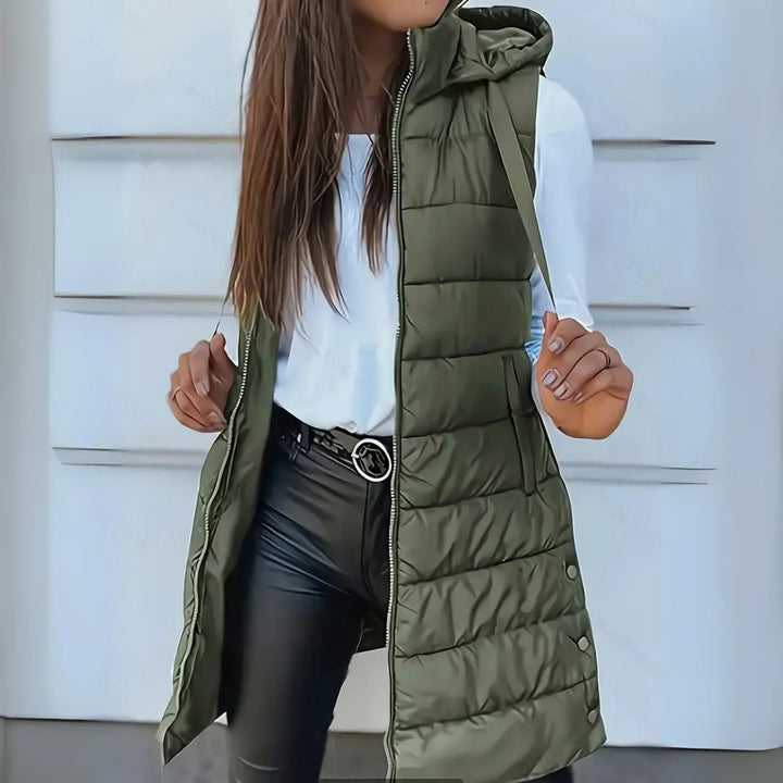 Gilet lungo da donna senza maniche con cappuccio