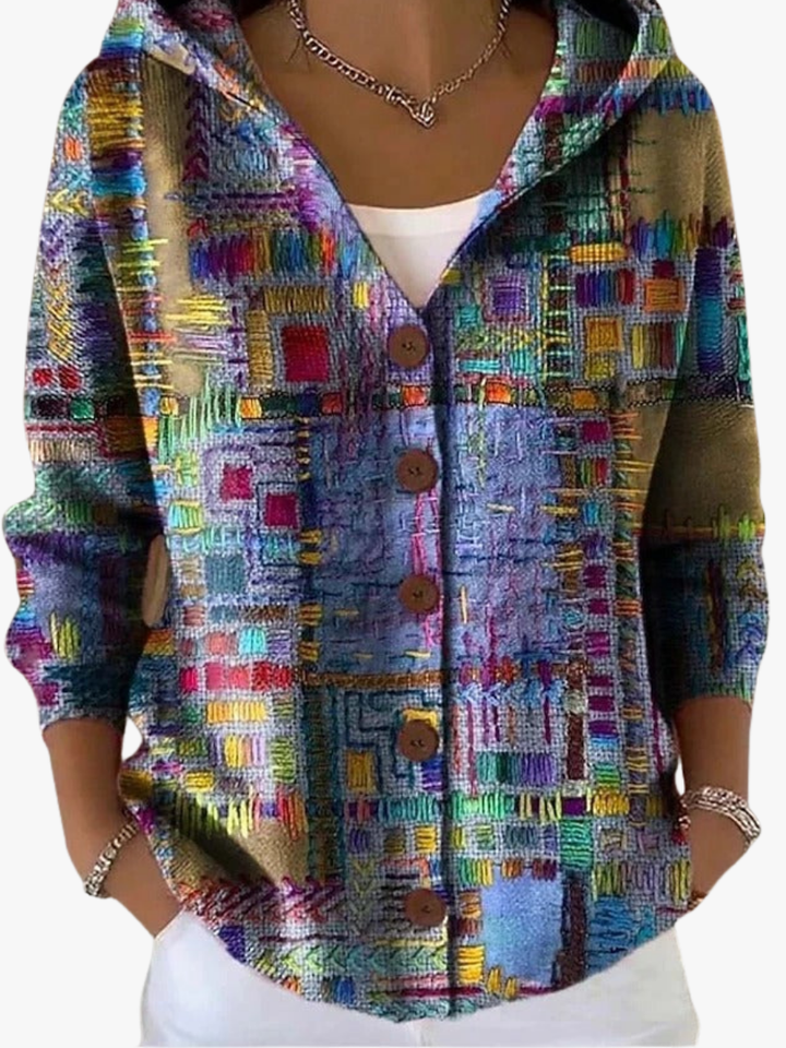 Sweat à Capuche Femme Boutonné à Imprimé Artistique