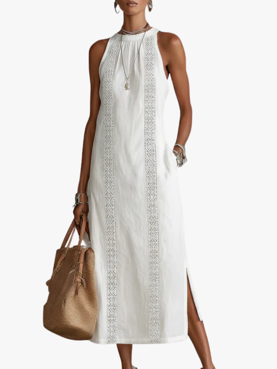 Vestito midi donna senza maniche con collo rotondo