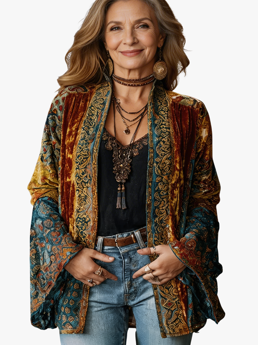 Cardigan da donna bohémien chic con stampa orientale