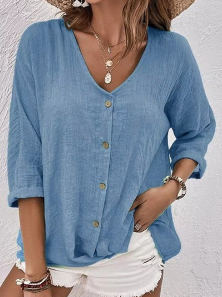 Blouse coton col V femme manches 3/4