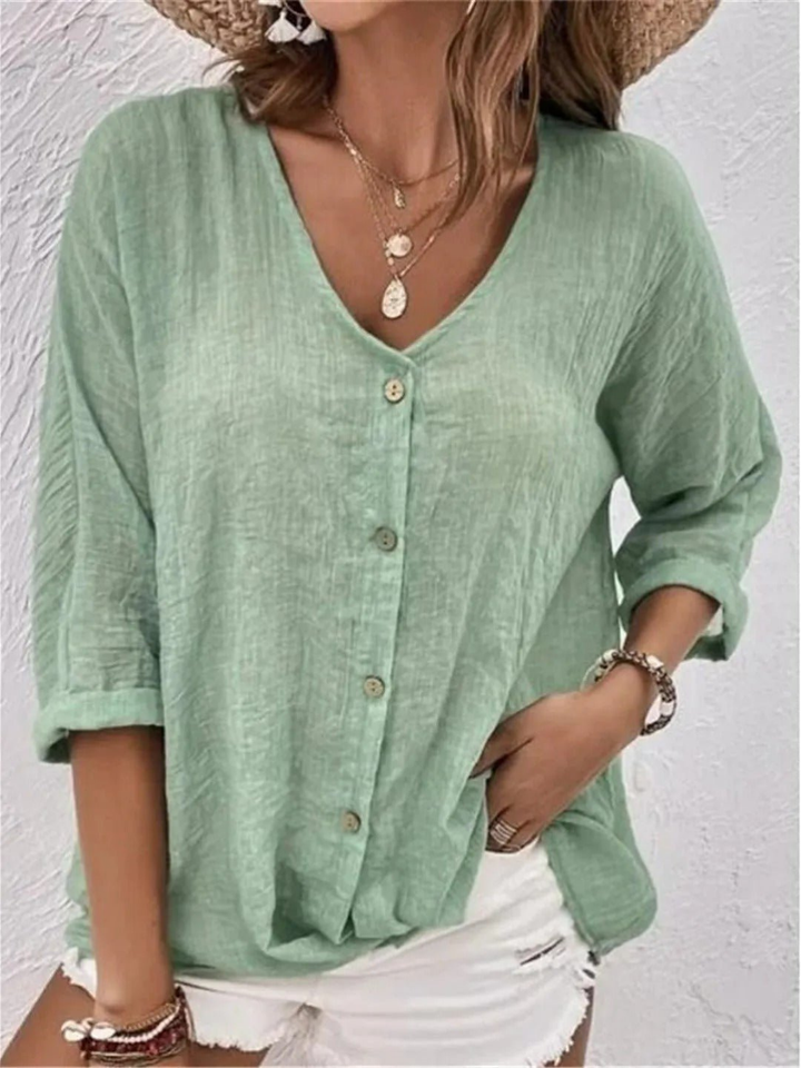 Blouse coton col V femme manches 3/4