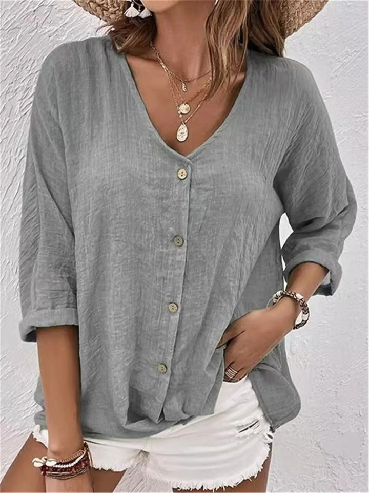 Blouse coton col V femme manches 3/4
