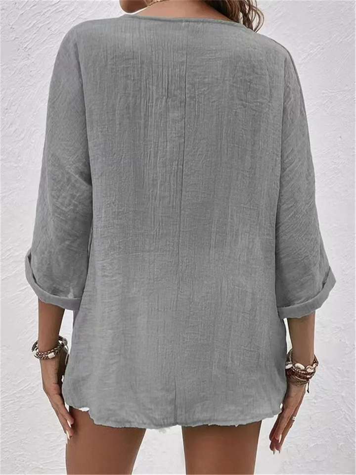 Blouse coton col V femme manches 3/4