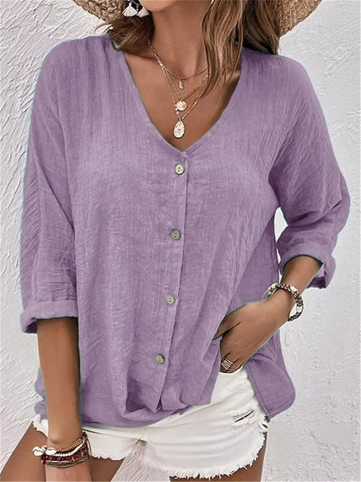 Blouse coton col V femme manches 3/4