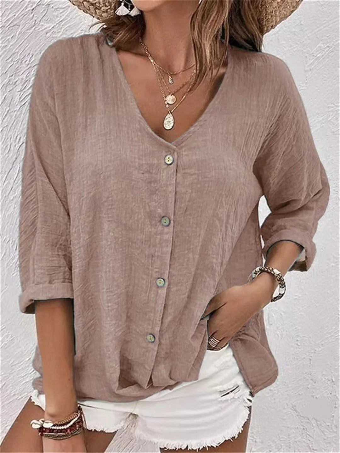 Blouse coton col V femme manches 3/4