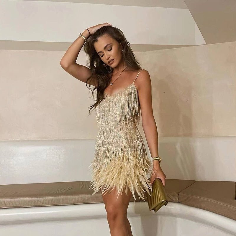 Robe Courte à Franges et Bretelles Fines pour Femme