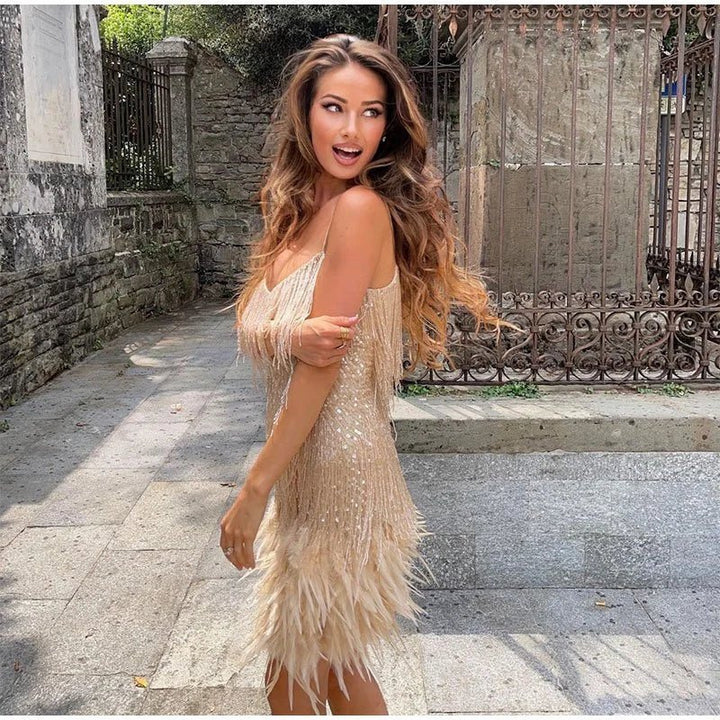 Robe Courte à Franges et Bretelles Fines pour Femme