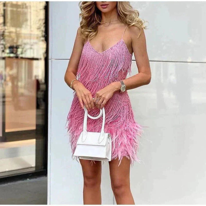 Robe Courte à Franges et Bretelles Fines pour Femme