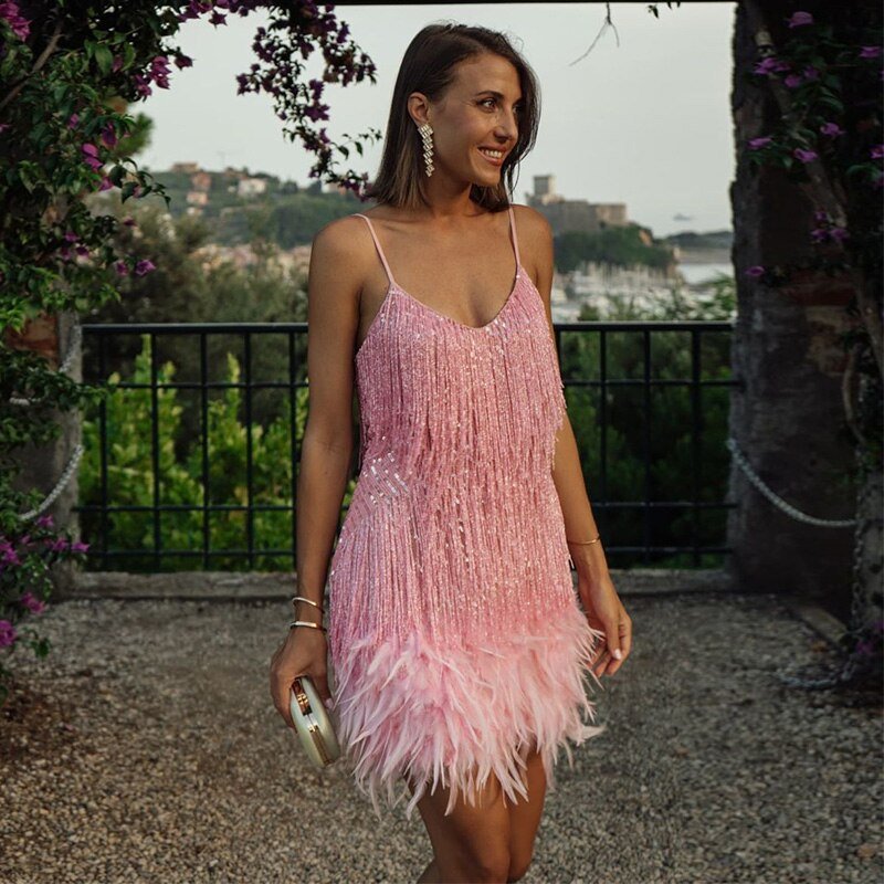 Robe Courte à Franges et Bretelles Fines pour Femme