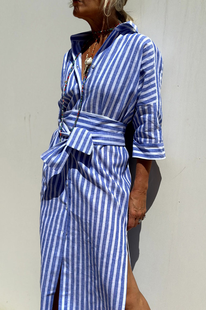 Robe midi lin rayée col chemise femme