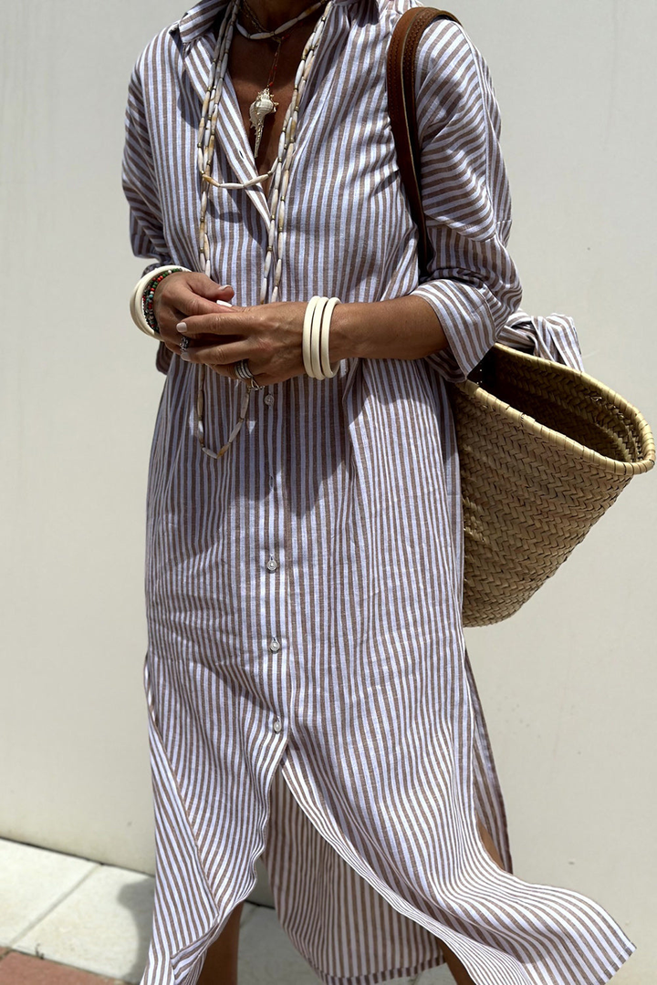 Robe midi lin rayée col chemise femme