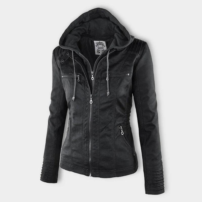Veste en Cuir Moto Ajustée à Capuche Zippée pour Femme