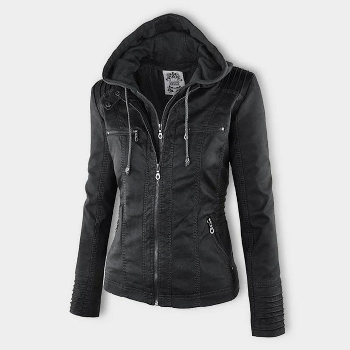 Veste en Cuir Moto Ajustée à Capuche Zippée pour Femme