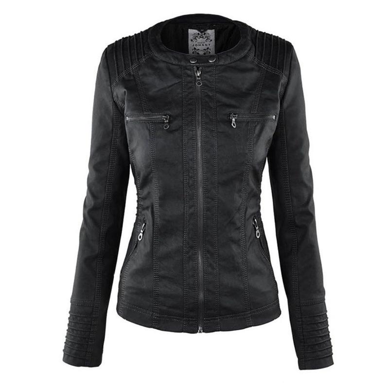 Veste en Cuir Moto Ajustée à Capuche Zippée pour Femme