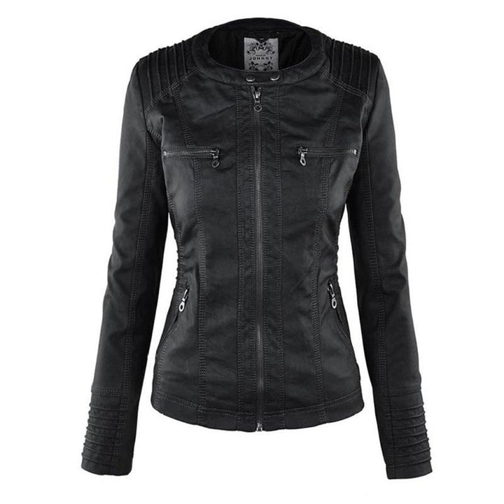 Veste en Cuir Moto Ajustée à Capuche Zippée pour Femme