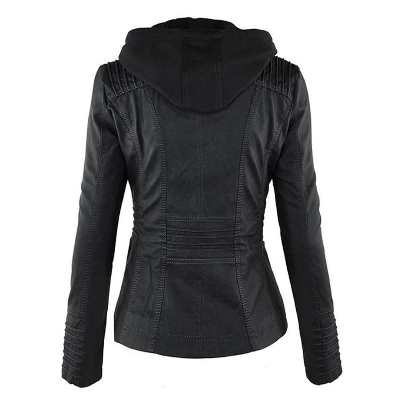 Veste en Cuir Moto Ajustée à Capuche Zippée pour Femme