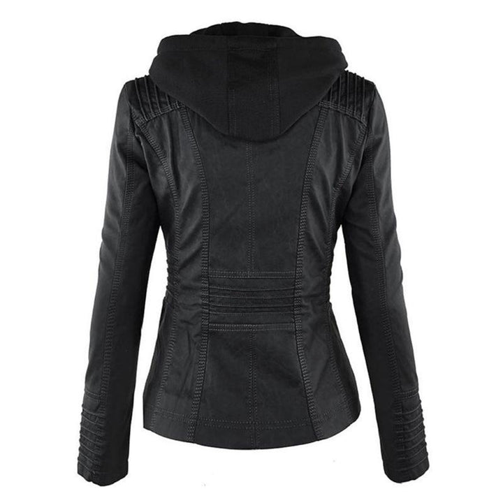 Veste en Cuir Moto Ajustée à Capuche Zippée pour Femme