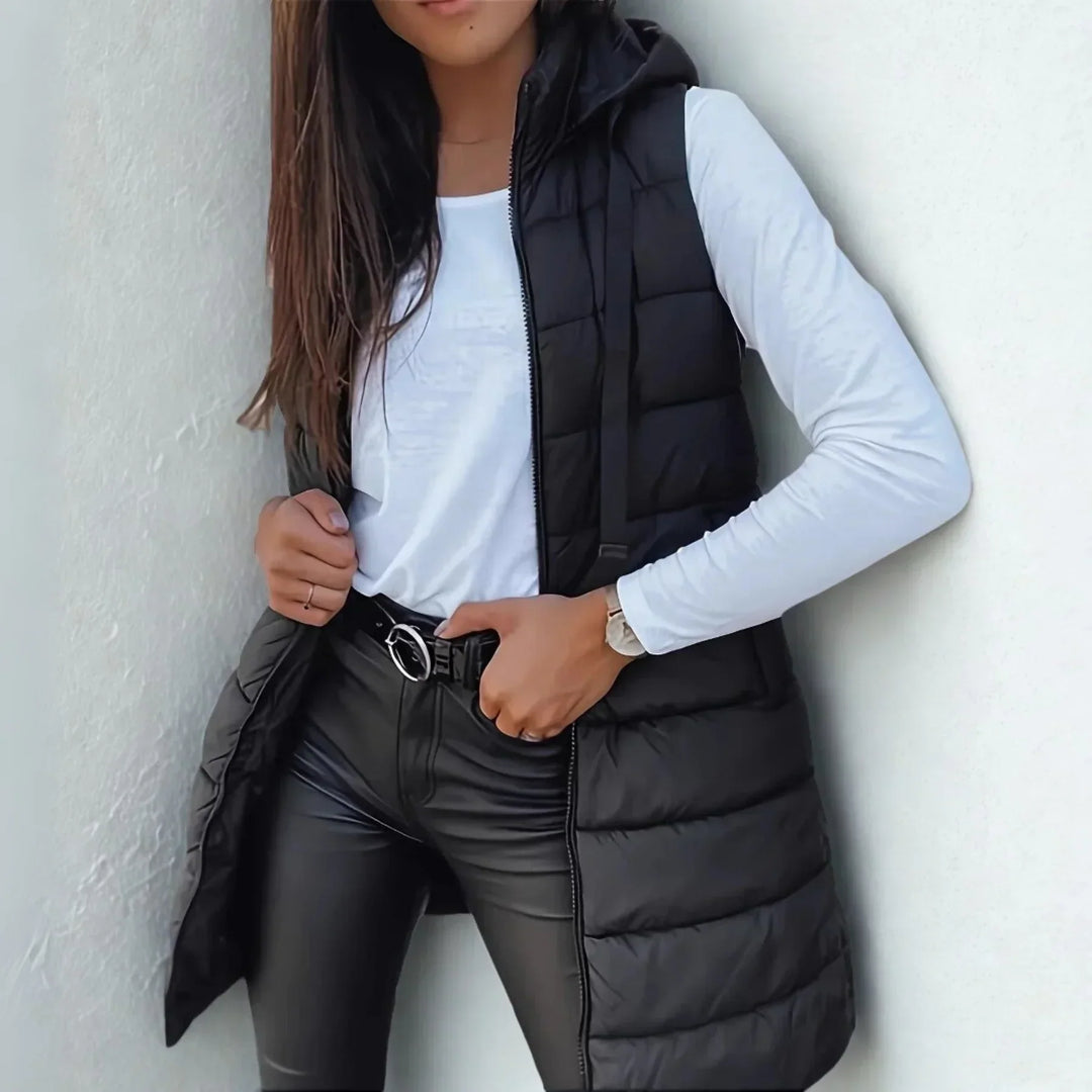Gilet lungo da donna senza maniche con cappuccio