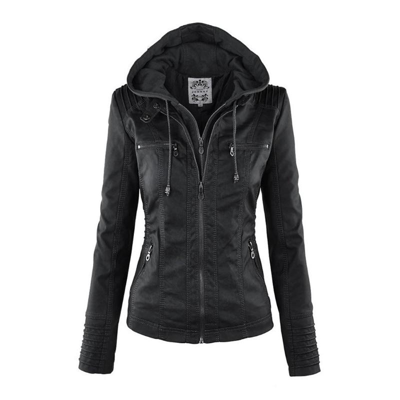 Veste en Cuir Moto Ajustée à Capuche Zippée pour Femme