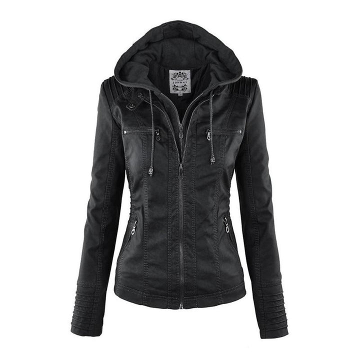 Veste en Cuir Moto Ajustée à Capuche Zippée pour Femme