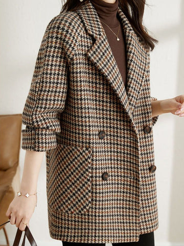 Blazer Long Femme à Motif Pied-de-Poule Oversize