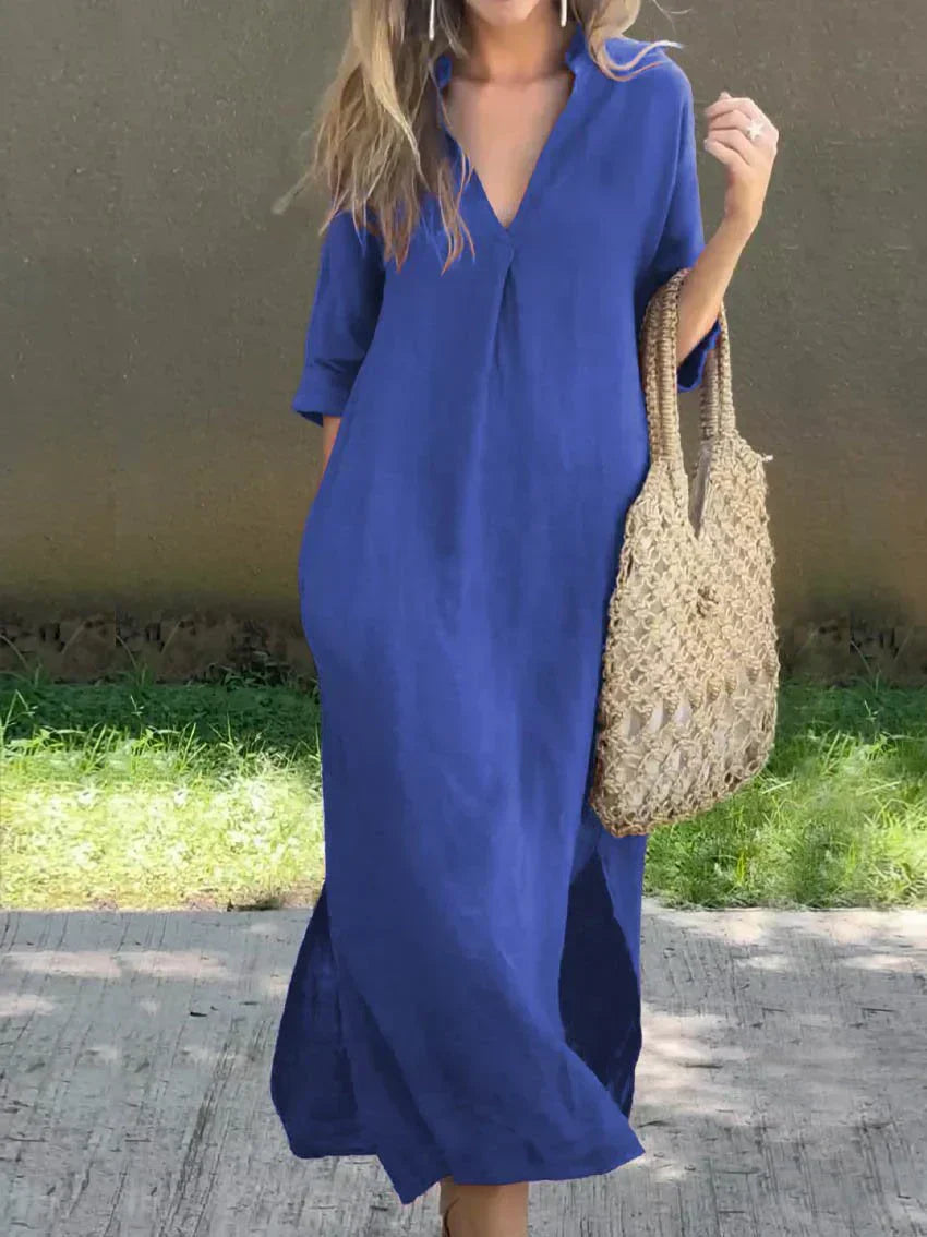 Casual Long Women's Dress with V-Neck