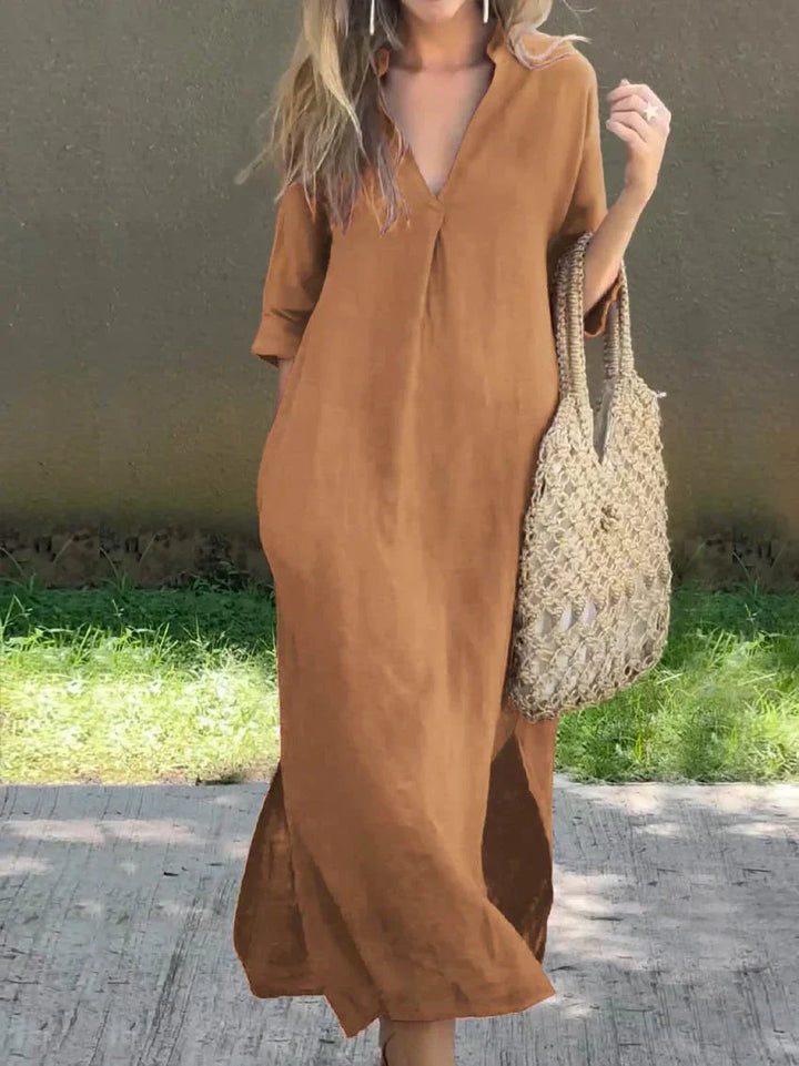 Casual Long Women's Dress with V-Neck
