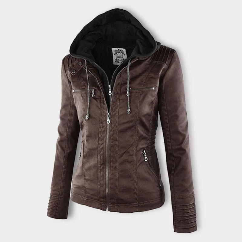 Veste en Cuir Moto Ajustée à Capuche Zippée pour Femme
