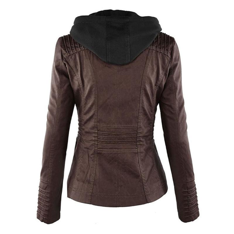 Veste en Cuir Moto Ajustée à Capuche Zippée pour Femme