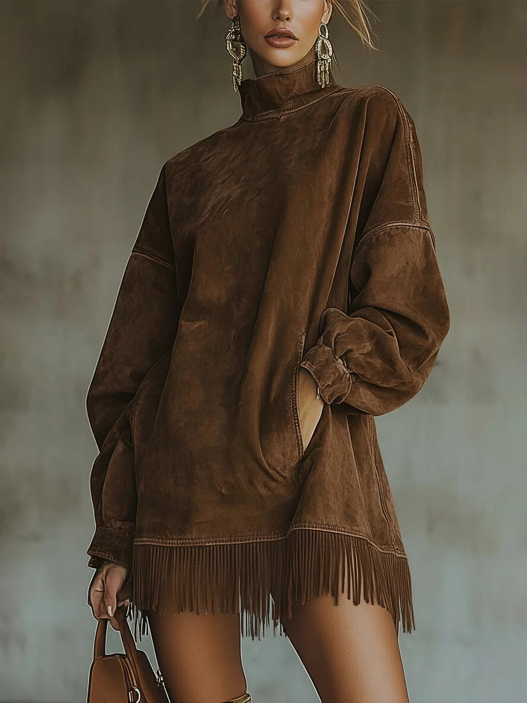 Robe Franges Midi Femme à Col Montant Coupe Fluide